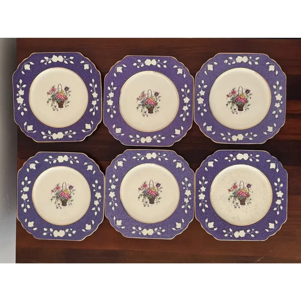Wedgwood & Co Ltd Queens Ivory England 6 Purple Plates Floral Basket Vintage